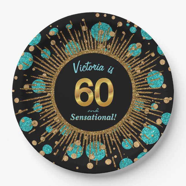 Womans Teal Blue Gold 60th Birthday Party Paper Plates (Front)