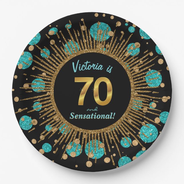 Womans Teal Blue Gold 70th Birthday Party Paper Plates (Front)