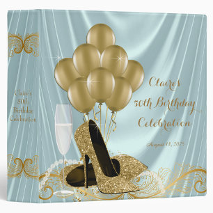 Womans Teal Blue Gold Birthday Party Photo Album 3 Ring Binder