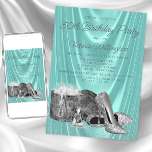 Womans Teal Blue Silver Shoe Any Number Birthday Invitation