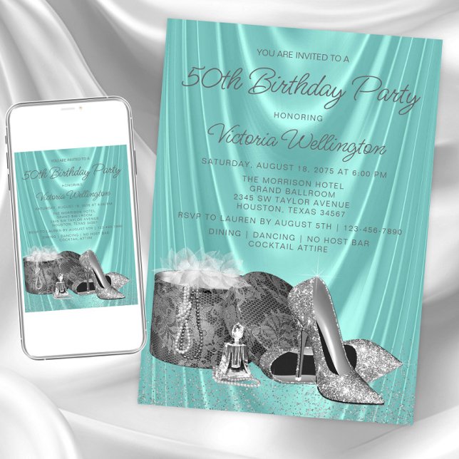 Womans Teal Blue Silver Shoe Any Number Birthday  Invitation (Womans teal silver any birthday invitation. Instant download and printed invitations available.)
