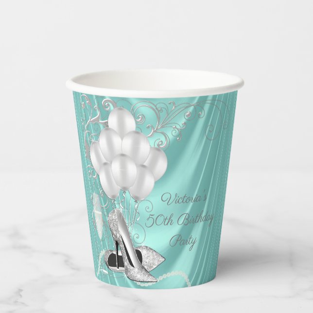 Womans Teal Silver Shoe Birthday Party Paper Cups (Front)