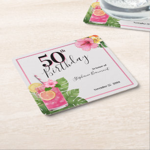 Woman's Tropical Cocktail Flower 50th Birthday Square Paper Coaster