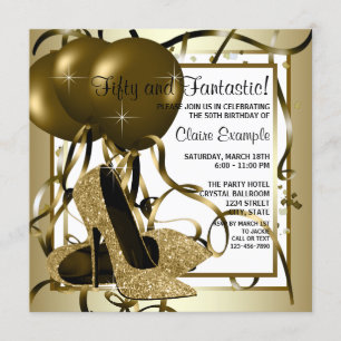 Womans White Gold High Heel Shoe Birthday Party Invitation