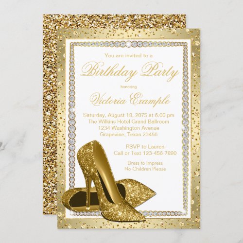 Womans White Gold High Heel Shoe Birthday Party Invitation