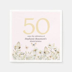 Woman's White Wildflower Simple 50th Birthday Napkins
