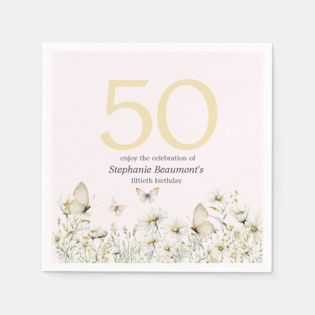 Woman's White Wildflower Simple 50th Birthday Napkins (Front)