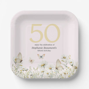 Woman's White Wildflower Simple 50th Birthday Paper Plates