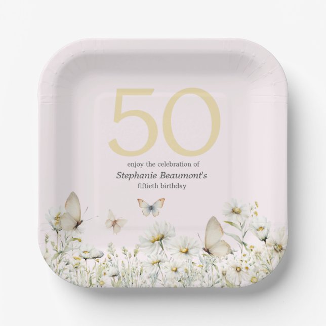 Woman's White Wildflower Simple 50th Birthday Paper Plates (Front)
