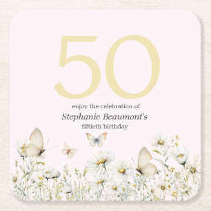 Woman's White Wildflower Simple 50th Birthday Square Paper Coaster