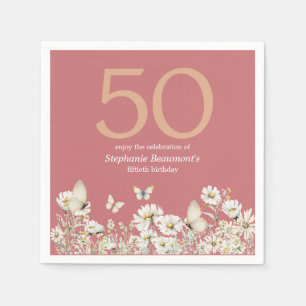 Woman's White Wildflower Surprise 50th Birthday Napkins