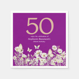 Woman's White Wildflower Surprise 50th Birthday Napkins
