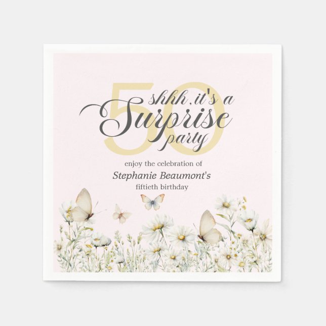 Woman's White Wildflower Surprise 50th Birthday Napkins (Front)