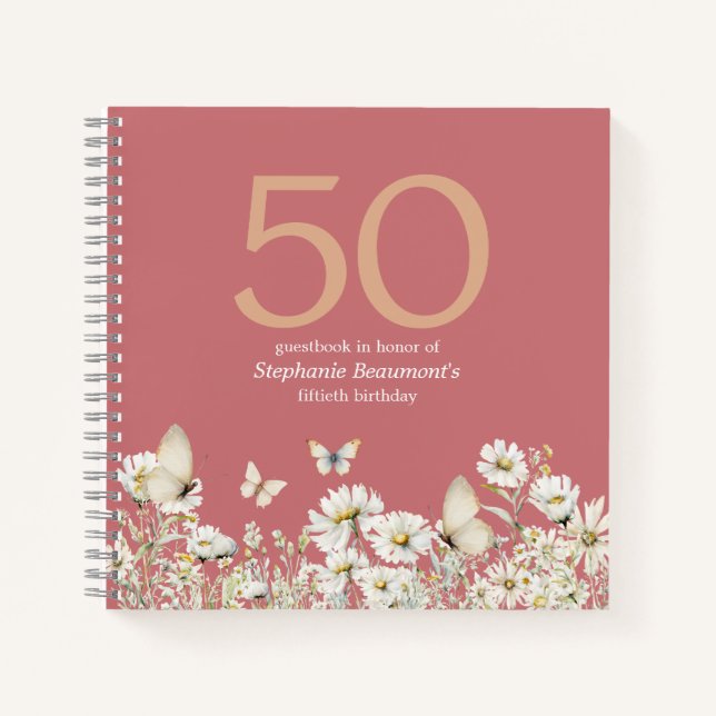 Woman's White Wildflower Surprise 50th Birthday Notebook (Front)