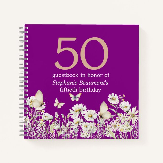 Woman's White Wildflower Surprise 50th Birthday Notebook (Front)