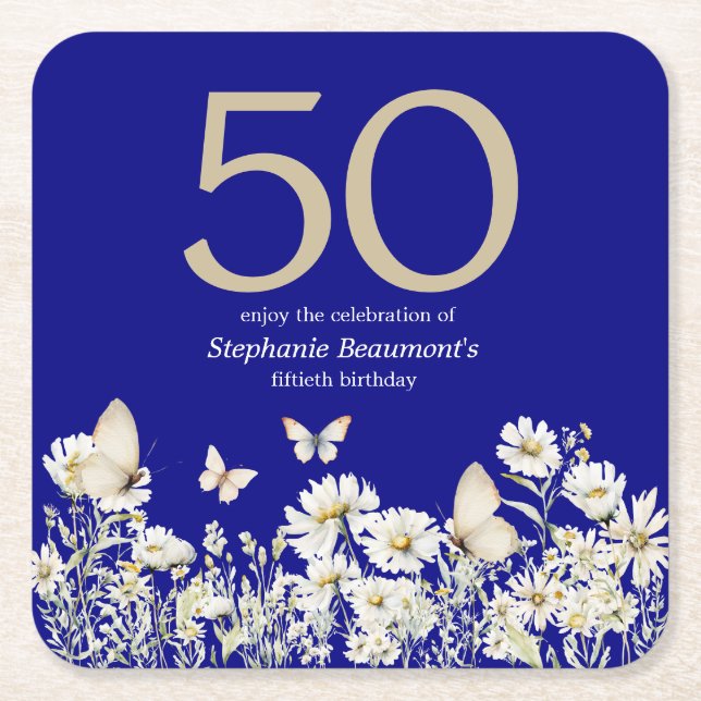 Woman's White Wildflower Surprise 50th Birthday Square Paper Coaster (Front)