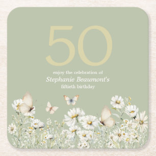 Woman's White Wildflower Surprise 50th Birthday Square Paper Coaster
