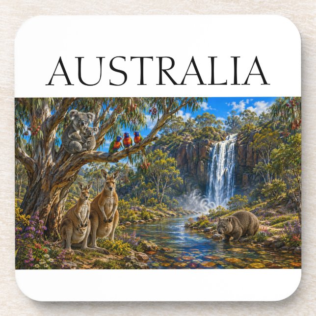 Wombat Kangaroo Waterfall Beverage Coaster (Front)