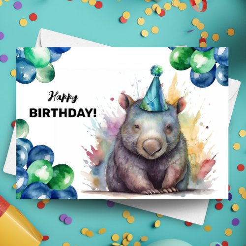 Wombat with Balloons and Party Hat Happy Birthday Card