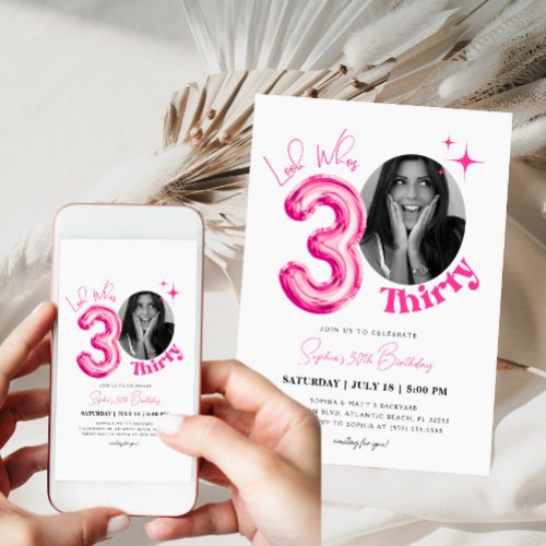 Women 30th Birthday Pink Ballon Modern Photo Invitation