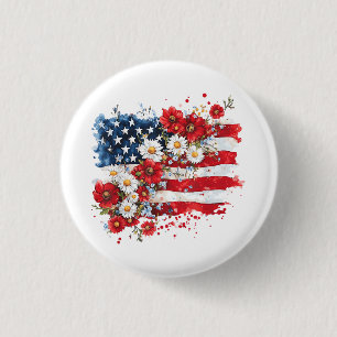 Women 4th of July Floral American Flag Wildflowers Button