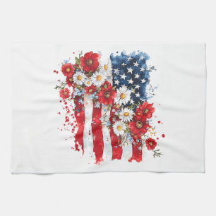 Women 4th of July Floral American Flag Wildflowers Kitchen Towel