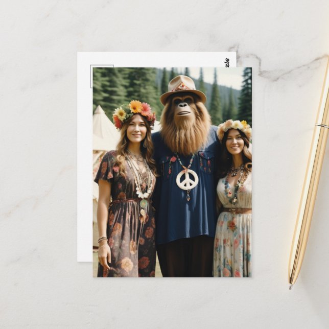 Women and Sasquatch Retro Hippies Festival Postcard (Front/Back In Situ)