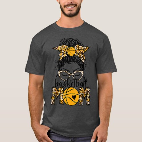 Women Basketball Mom Game Day Messy Bun Leopard Bl T_Shirt