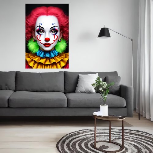 Women clown red green hair red nose  AI Art Poster