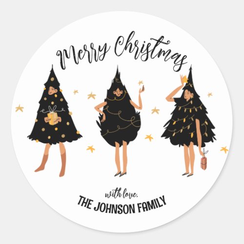 Women Dressed in Black Christmas Tree White Classic Round Sticker