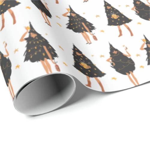 Women Dressed in Black Christmas Tree White Wrapping Paper