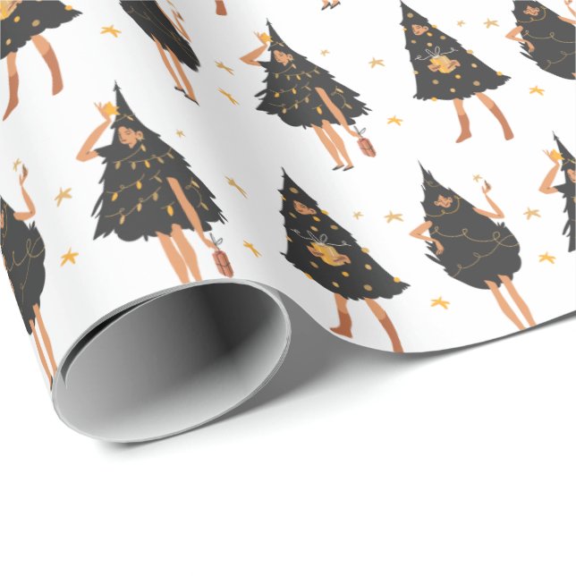 Women Dressed in Black Christmas Tree, White Wrapping Paper (Roll Corner)