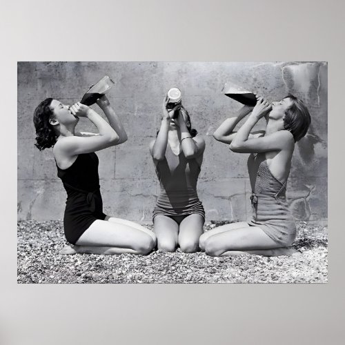 Women Drinking Wine Black and White Vintage  Poster