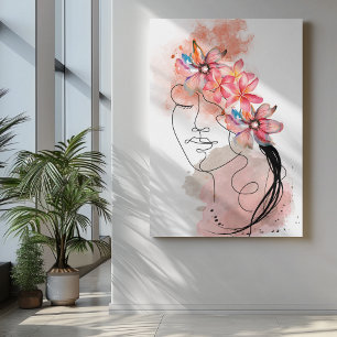 Women Face line art with pink frangipani flower Canvas Print