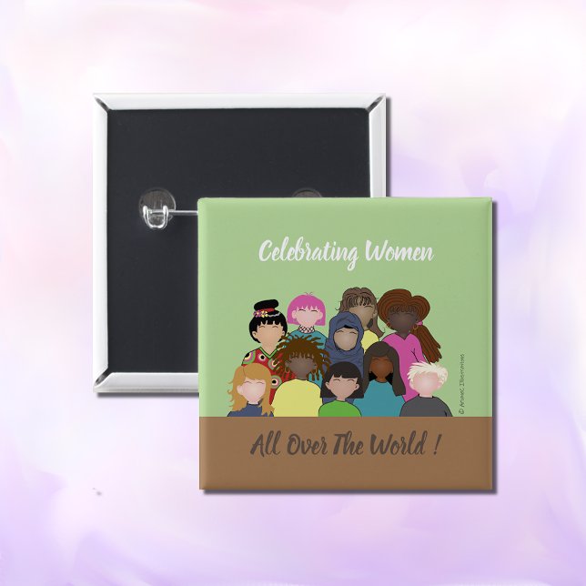 Women faces feminist button (A square pinback button to celebrate women all around the world .)