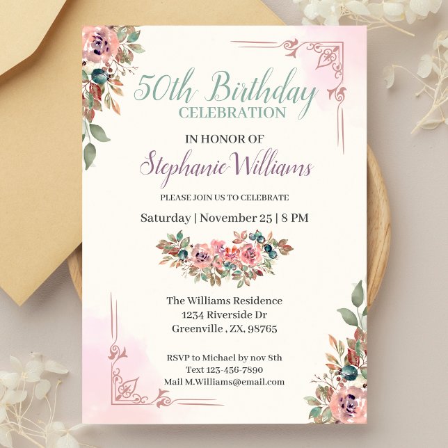 Women Floral Classic Elegant 50th Birthday Party Invitation (Creator Uploaded)