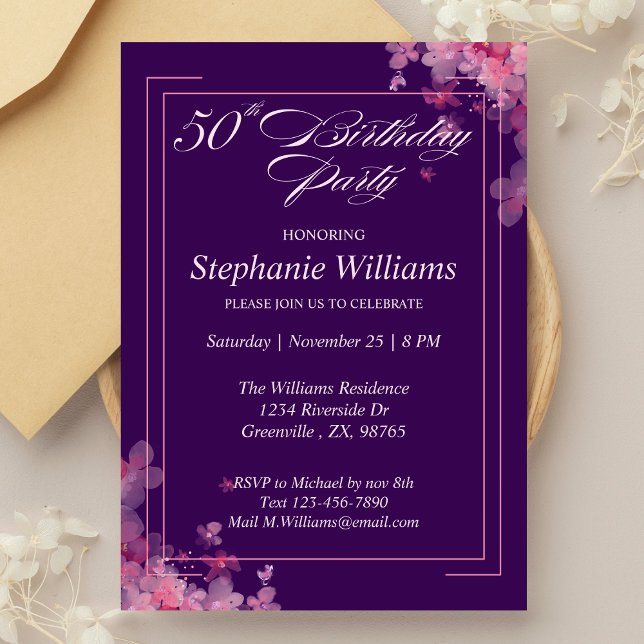 Women Floral Modern Elegant 50th Birthday Party Invitation (Creator Uploaded)