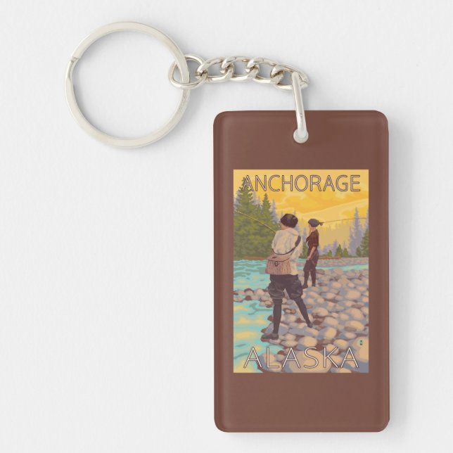 Women Fly Fishing - Anchorage, Alaska Keychain (Front)