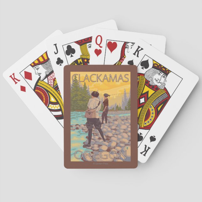 Women Fly Fishing - Clackamas, Oregon Poker Cards (Back)
