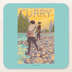 Women Fly Fishing - Curry, Alaska Square Paper Coaster