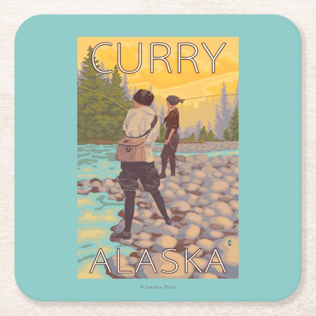 Women Fly Fishing - Curry, Alaska Square Paper Coaster (Front)