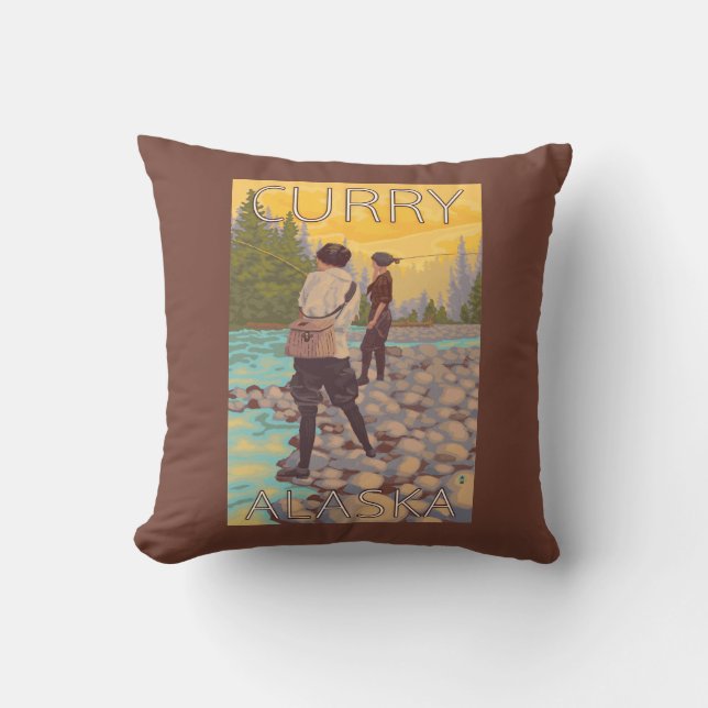 Women Fly Fishing - Curry, Alaska Throw Pillow (Front)