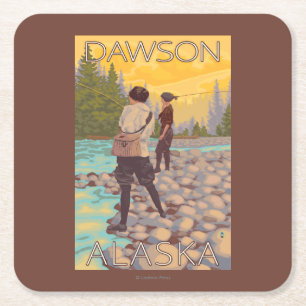 Women Fly Fishing - Dawson, Alaska Square Paper Coaster