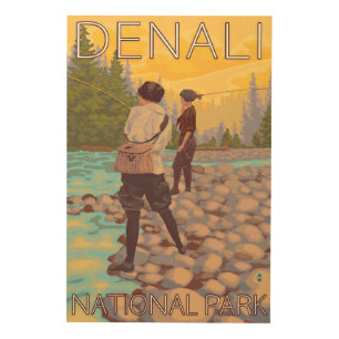 Women Fly Fishing - Denali National Park, Wood Wall Decor
