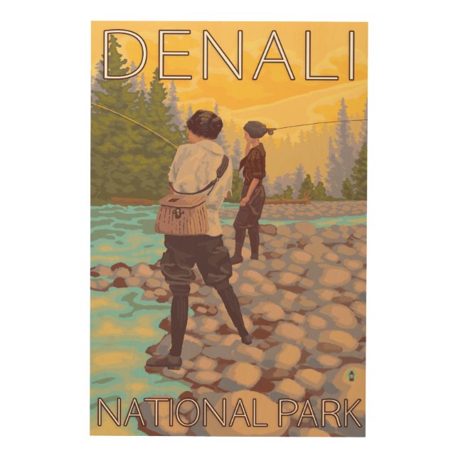 Women Fly Fishing - Denali National Park, Wood Wall Decor (Front)