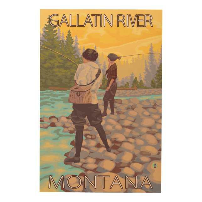 Women Fly Fishing - Gallatin River, Montana Wood Wall Art (Front)
