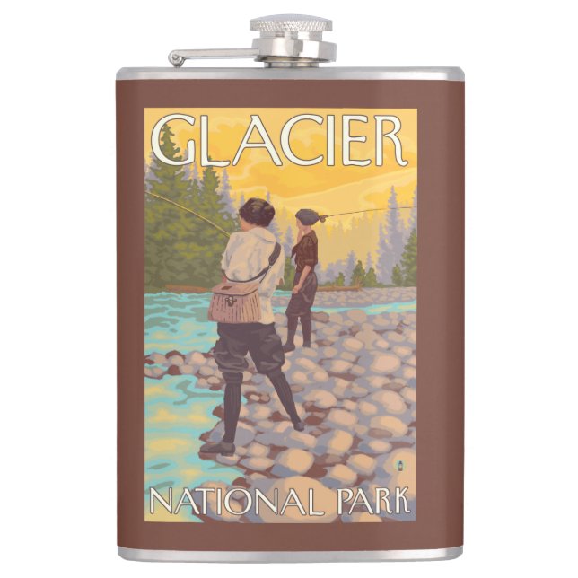 Women Fly Fishing - Glacier National Park, MT Flask (Front)