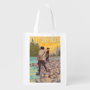Women Fly Fishing - Glacier National Park, MT Reusable Grocery Bag