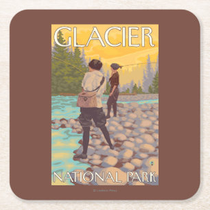Women Fly Fishing - Glacier National Park, MT Square Paper Coaster