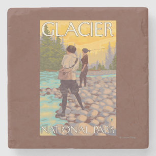 Women Fly Fishing - Glacier National Park, MT Stone Coaster